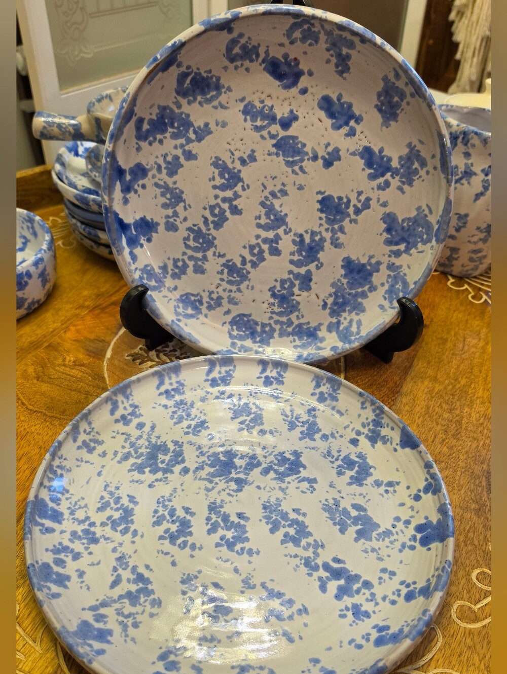 Vintage Bybee Pottery Blue Spongeware Dinner Plates 10” Set of 2